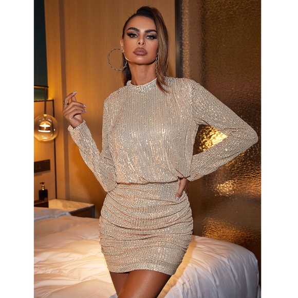 Gold Champagne Sequin Long Sleeve Mini Dress - Picture 5 of 7
